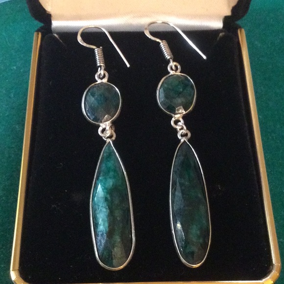 Genuine Emerald  Faceted Dangle Drop Earrings - Picture 7 of 11